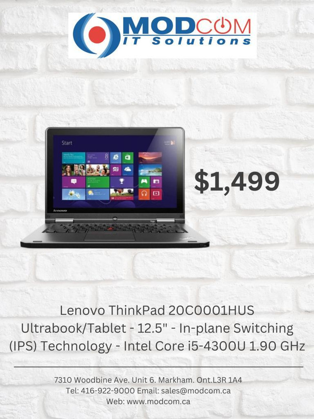 Brand New Lenovo ThinkPad 20C0001HUS Ultrabook/Tablet 12.5, In-plane Switching Technology, Intel Core i5-4300U 1.90 GHz in Laptops