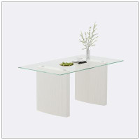Latitude Run® 0.39" Thick Tempered Glass Top Dining Table with White Lacquer Double MDF Pillar