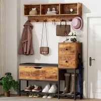 17 Stories Abi 39" Entryway Coat Rack Shoe Bench with 2 Drawers and 3 Cubbies