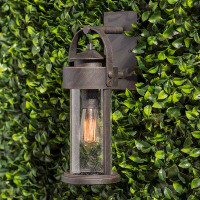 Birch Lane™ Pranay Rust Iron 1 - Bulb Seeded Glass Outdoor Wall Lantern with Dusk to Dawn