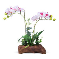 Primrue Artificial Orchids Log-like Cement Planter White Fake Orchids 16 inch 41 cm