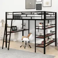 Mason & Marbles Adwin Full Size Loft Metal Bed with 3 Layers of Shelves and Desk, Stylish Metal Frame Bed with Whiteboar