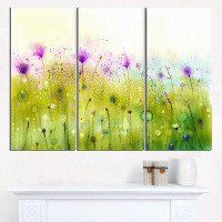 Design Art Green Purple Abstract Cosmos of Flowers - 3 Piece Graphic Art on Wrapped Canvas Set