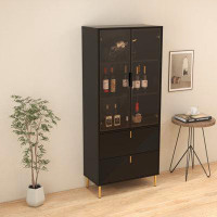 Mercer41 Quinell Wine Cabinet with Drawers and Doors, Black Gold Light Luxury High Wine Rack with Storage Room