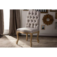 One Allium Way Tod Chic Rustic French Country Cottage Weathered Oak Beige Fabric Button-Tufted Upholstered Dining Chair