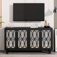 Everly Quinn Buffet Cabinet with Adjustable Shelves, 4-Door Mirror Hollow-Carved TV stand for TVs Up to 65''