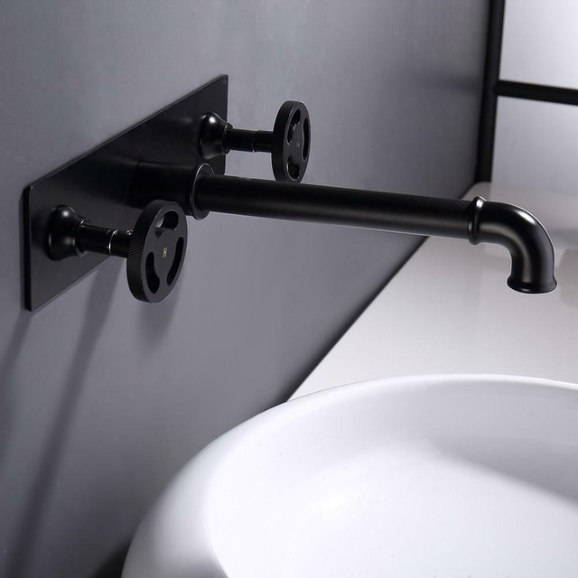 Industrial Pipe Matte Black Wall Mounted Bathroom Sink Faucet Double Handles Solid Brass in Plumbing, Sinks, Toilets & Showers - Image 2