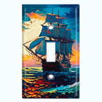 WorldAcc Metal Light Switch Plate Outlet Cover (Rustic Sea Ship Boat Sunrise Ocean - Single Toggle)