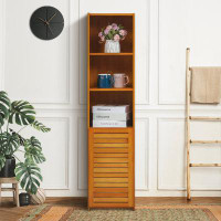 Winston Porter Kayana Narrow Bamboo Storage Bookcase Cabinet with Shuttered Door