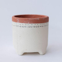 Ebern Designs Beige With Lines And Dots And Orange Trim Footed Planter