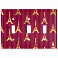 WorldAcc Metal Light Switch Plate Outlet Cover (Damask Yellow Eiffel Towers Red Stripes Red - Single Toggle)