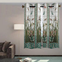 August Grove Window Treatment Sheer Curtains Stained Glass Meadow Flower Dragonfly Print 2 Panels Kitchen Tier Grommet D