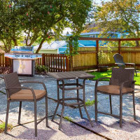 Red Barrel Studio Patio Bar Set, 3 Piece Outdoor Rattan Wicker Bar Set With 2 Cushions Stools & Glass Top Table, Outdoor