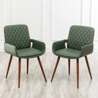 Orren Ellis Orren Ellis Mid Century Modern Faux Leather Dining Chairs Set Of 2, Green, Upholstered Seat, Metal Legs, Adj