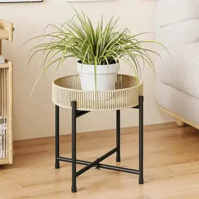 Ebern Designs Flower Shelf Plant Stand Nesting Table Round Rattan End Table Round for Stylish Floral Displays