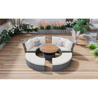 Latitude Run® Patio 5-Piece Round Rattan Sectional Sofa Set All-Weather PE Wicker Sunbed Daybed With Round Liftable Tabl