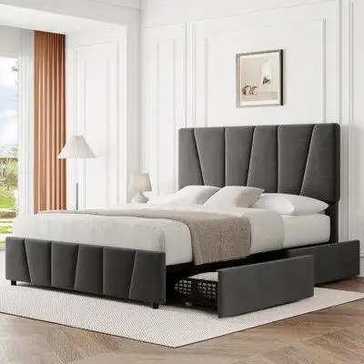 Latitude Run® Full Size Bed Frame With 4 Storage Drawers And Linen Upholstery Headboard And Footboard, Mattress Foundati