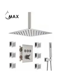 Ceiling Thermostatic Shower System Three Function Handheld With 6 Body Jets and Valve