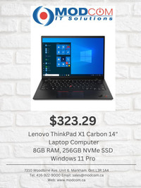 FOR SALE!! Lenovo ThinkPad X1 Carbon 14  Laptop Computer 8GB RAM, 256GB Nvme, Windows 11 Pro