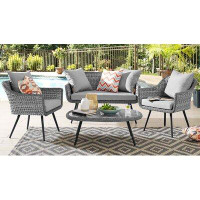 Rosecliff Heights Crigger 4-Piece Rattan Wicker Outdoor Conversation Set -1 Loveseat, 2 Lounge Chairs, 1 Coffee Table
