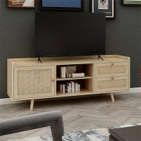 Ivy Bronx Mid Century TV Stand With Rattan-Decorated Doors, Spacious Cabinets, And Adjustable Shelf - Wood TV Console Ta