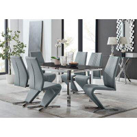 East Urban Home Tierra Modern Glass & Metal Extendable Dining Table Set & 6 Luxury Faux Leather Dining Chairs