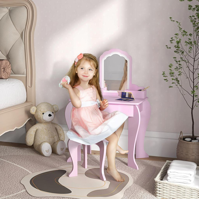 Kids Dressing Table Set 21.7" x 13.5" x 33.9" Pink in Toys & Games