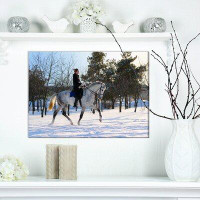 East Urban Home Farmhouse 'Girl on White Dressage Horse in Winter F' Photographic Print on Wrapped Canvas