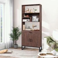Millwood Pines Free Standing Bookshelf with Doors,Storage drawer and LED Strip Lights