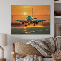 Latitude Run® Sunset Airplane On The Tarmac I - Transportation Print On Natural Pine Wood