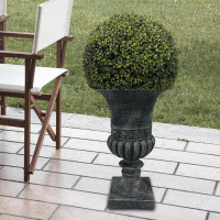 Primrue 16"D x 33"H Artificial Ball Topiary Plant with Grey Pedestal Pot,for Indoor and Outdoor