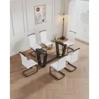 Ivy Bronx Table And Chair Set: 1 Table With 6 White Chairs - Tempered Glass, Pu Leather, High Backrest, C-shaped Metal L