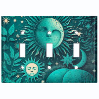 WorldAcc Metal Light Switch Plate Outlet Cover (Astronomy Space Sun Stars Moon Teal - Triple Toggle)
