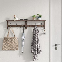 Millwood Pines Coat Hooks, Wood Rack Wall-Mounted, 31.5 Inch Entryway Shelf with 10 Hooks (Brown)