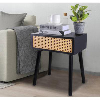 17 Stories Rattan Nightstand, Small End Table With Storage (No Assembly Required), Black Side Tables Bedside Table Mid-C