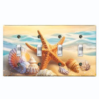 WorldAcc Metal Light Switch Plate Outlet Cover (Ocean Star Fish Sea Shell Beach - Quadruple Toggle)