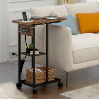 17 Stories End Table With Charging Station, Sofa Couch Table, Nightstand With Wheels And Shelf