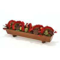 Distinctive Designs Dark Red Celosia, Red Cherry Spray, Pear Spray Lotus Pods in Rectangular Wood Planter