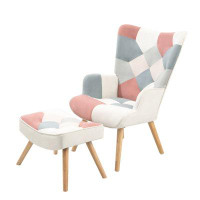 George Oliver Chic Accent Chair And Ottoman Set: Comfy Bedroom Armchair With Creative Spliced Cloth Design
