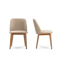 Orren Ellis Lefancy  Lavin Mid-Century "Walnut" Light Brown/Beige Faux Leather Dining Chair (Set of 2)