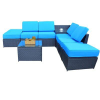 Latitude Run® Aahiluddin Outdoor Patio Wicker Rattan Conversation Set with Cushion and Glass Table Top