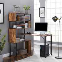17 Stories Home Office Computer Desk L-Shaped Corner Table, Rotating Computer Table With 5-Tier Bookshelf