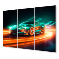 Design Art Teal Neon Exotic Car II - Neon Car Metal Wall Decor Set
