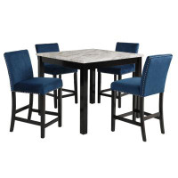 Red Barrel Studio Monserrote 5 Piece Counter Height Table Set, 4 Chairs, Wood, Royal Blue Velvet