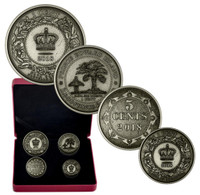 2018 PURE SILVER 4-COIN SET- BEFORE CONFEDERATION: COLONIAL CURRENCY OF THE ATLANTIC PROVINCES (DAMAGED BOX)