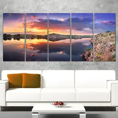 Design Art Sunset at River with Large Clouds 5 Piece Wall Art on Wrapped Canvas Set