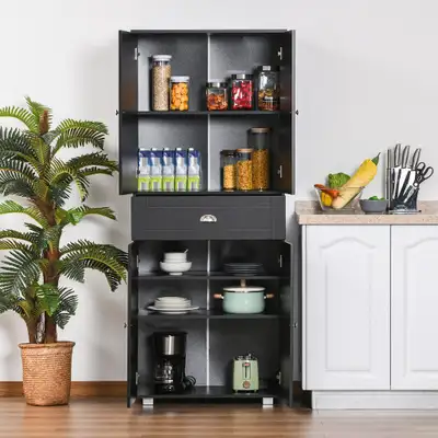 Modern Classic Tall Freestanding Pantry Storage Cabinet Cupboard for Kitchen, Dining - Black