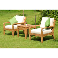 Teak Smith 3 Pc Lounge Chair Set: 2 Lounge Chairs & Side Table With Cushions in Sunbrella Fabric #57003 White-33" H x 36