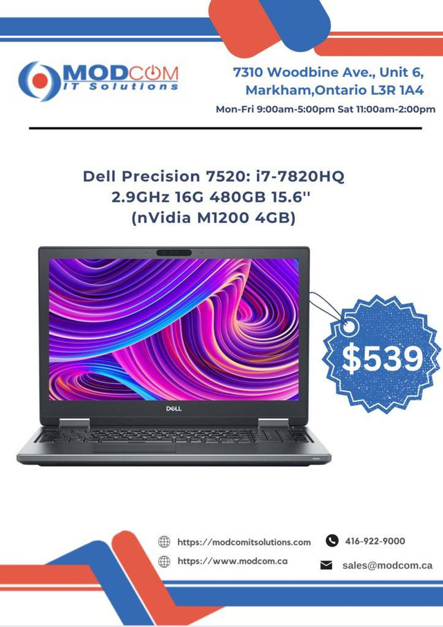 Dell Precision 7520 15.6-Inch Laptop OFF Lease For Sale!! Intel Core i7-7820HQ 2.9GHz 16GB 480GB (nVidia M1200 4GB) in Laptops