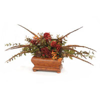 Distinctive Designs Red Dried Hydrangea's With Feathers And Foliage In Brown Wood Chest